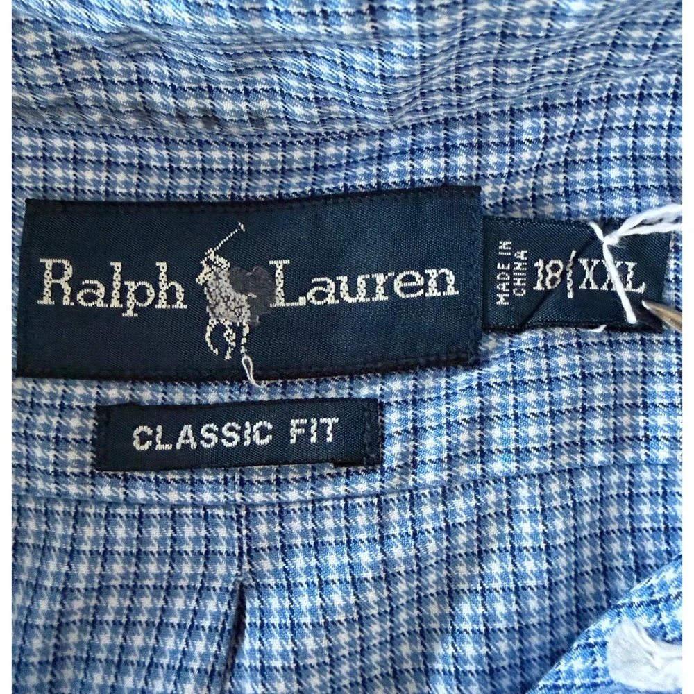 Ralph Lauren Classic Fit Blue Check Button Down Shirt Mens XXL 18 Long Sleeve